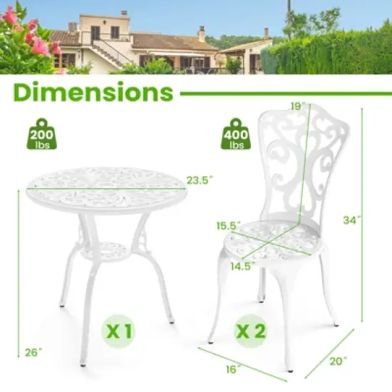 Costway 3 PCS Patio Bistro Set with Umbrella Holes Outdoor Bistro Set for Front Porch White/Green image {2}