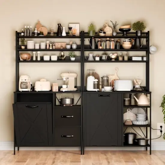 spanspace 66" Kitchen Bakers Rack with Tilt-Out Trash Cabinet with Power Outlet, Removable Drawers & 6 Hooks, Fits 10-Gallon Bins image {10}