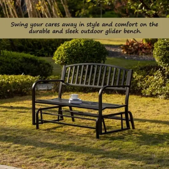 Gardenised Outdoor Black Steel Swing, Powder Coated Glider Bench, Loveseat Lawn Rocker Bench for Yard, Patio, Garden and Deck image {5}