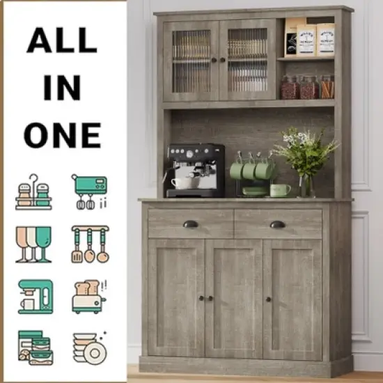 Kitchen Pantry Storage Cabinet,71" Tall Wood Pantry with Microwave Stand, Modern Kitchen Hutch Cabinet,Coffee Bar Hutch with Wine Rack for Dining Room image {3}