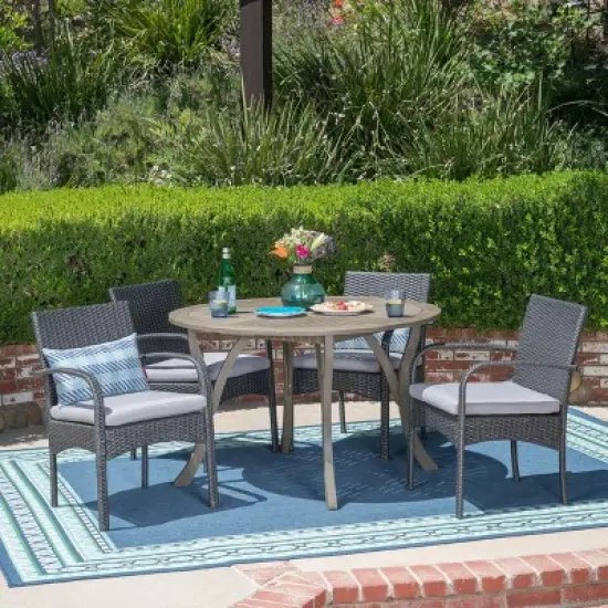 Christopher Knight Home Chilton Outdoor Acacia Wood and Wicker 5 Piece Dining Set with Cushion image {12}