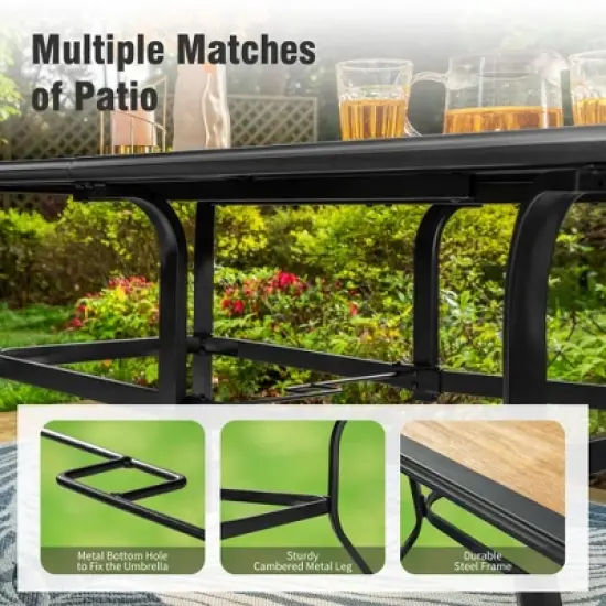 Captiva Designs 1Pc Outdoor Wood-look Rectangle Steel Frame Dining Table with Umbrella Hole image {4}