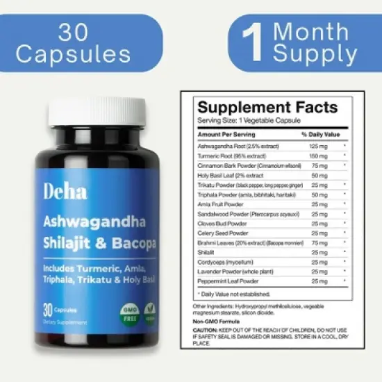 Deha Ashwagandha Shilajit Bacopa Capsules Stress, Energy & Immune Support with Turmeric, Amla & Triphala &ndash; 30 Ct Vegan, Non-GMO image {2}