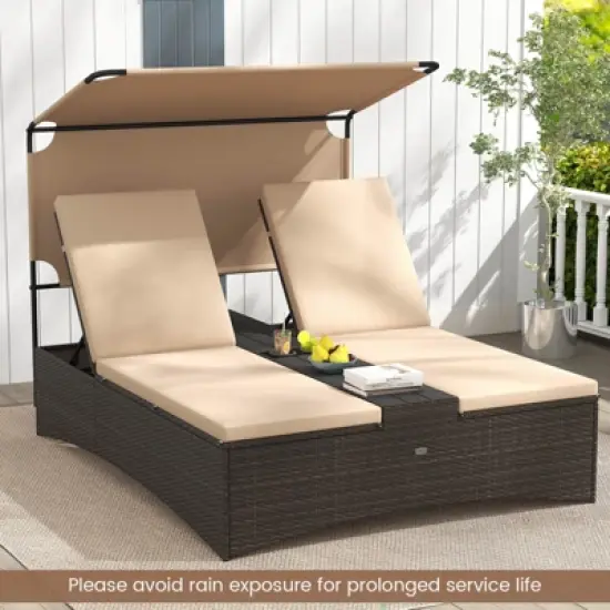 Costway Outdoor Daybed with Adjustable Backrests 2-Person PE Rattan Patio Bed with Canopy image {3}