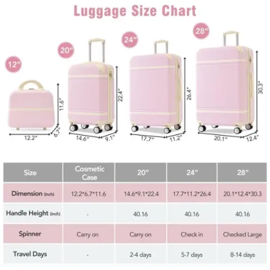 NAYSAYE Luggage 4 Piece Hardshell Luggage Set with Spinner Wheels TSA Lock Expandable for Travel, Light Pink, 31.62"*20.54"*12.46" image {4}