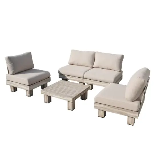 Moda Furnishings 4-Person Outdoor Patio Aluminum Wood Grain Sectional Seating Group With Beige Cushions image {9}