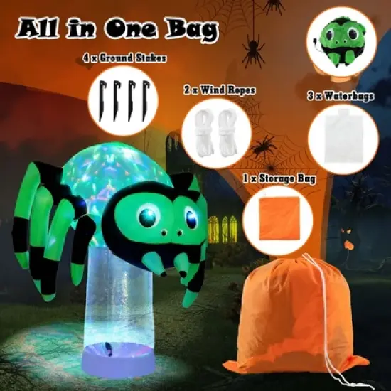 Costway 6 ft Halloween Inflatable Spider Pre-Lit Floating Spider Decoration w/ 3-Color Rotating Light Blow up Decoration w/ Stakes & Water Bags image {7}