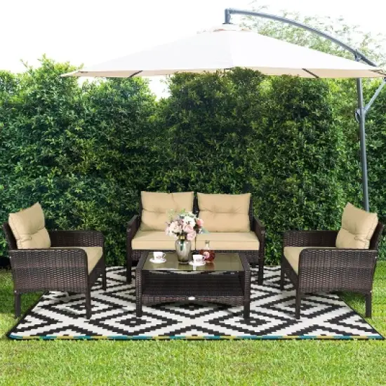 Costway 4PCS Patio Rattan Furniture Set Loveseat Sofa Coffee Table Garden W/ Cushion image {1}