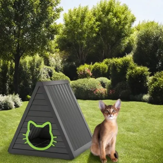 SEVOBAL Pet Crates and Houses Triangular Weatherproof Cat Shelter, Cozy Outdoor Indoor House with Escape Door, Black, 23.82"*25.59"*25.67" image {5}