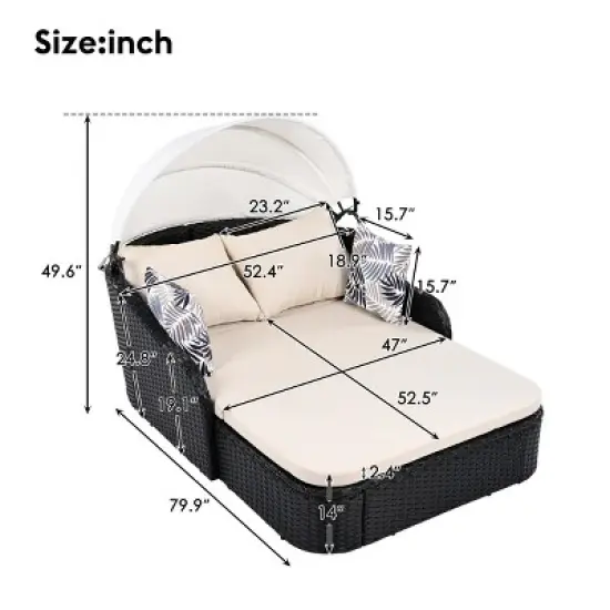 Double Patio Outdoor Chaise Lounge,Black Wicker Patio Outdoor Sunbed With Adjustable Canopy,PE Rattan Lounge Daybed With Cushion -Maison Boucle image {4}