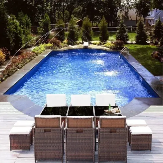 11pc Outdoor Dining Set with Wicker Rattan Chairs & Tempered Glass Ottoman - Brown - Devoko image {1}