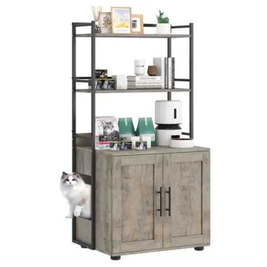 Cat Litter Box Enclosure, 2-in-1 Cat Litter Box Furniture Hidden with 2 Tier Storage Shelves and Doors, Wooden Cat House image {8}