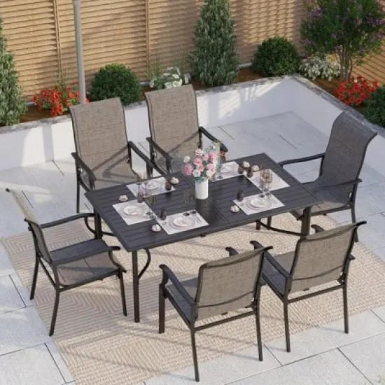 Captiva Designs 7pc Patio Dining Rectangular Black Steel Table & High Back Padded Grayish Brown Sling Armrest Chairs image {15}