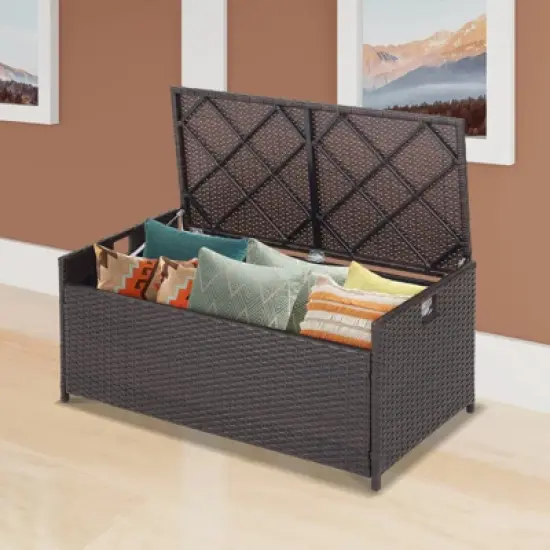 WELLFOR 34gal Patio Storage Bench PE Rattan Storage Box with Seat Cushion Mix Brown image {2}