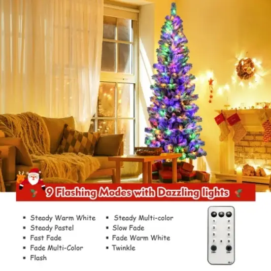 Costway 8FT Pre-Lit Hinged Christmas Tree Snow Flocked w/ 9 Modes Remote Control Lights image {7}