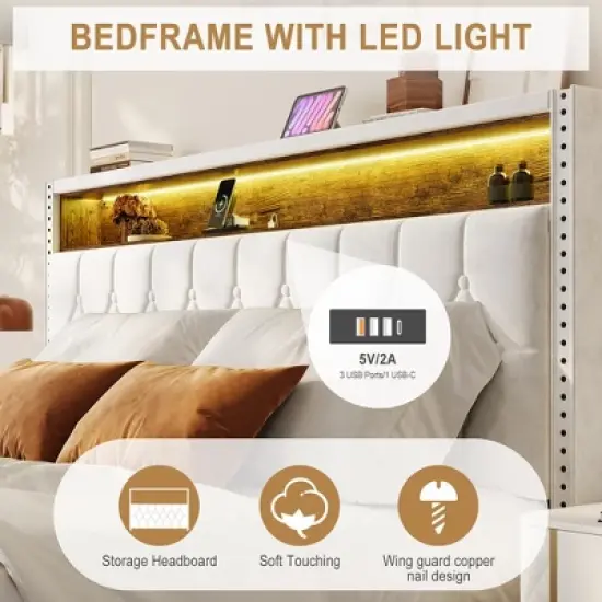 Whizmax Velvet Upholstered Platform Bed Frame With Storage Headboard, Nailhead Trim Wingback Headboard, Wood Slats Support, Off White image {6}