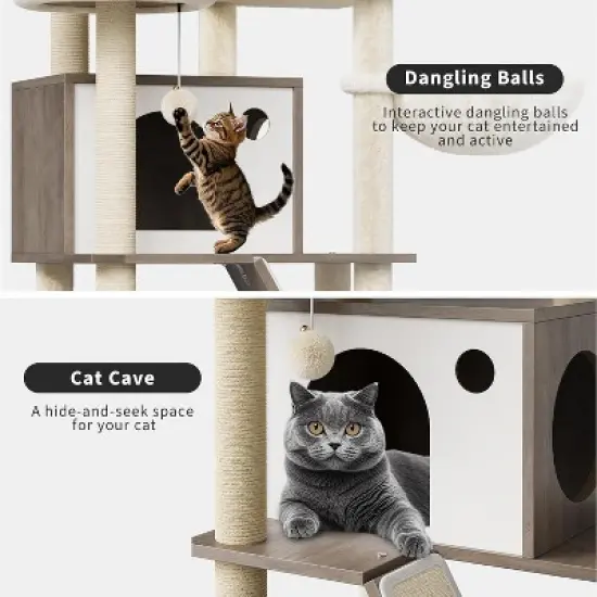 Litter Box Enclosure with Cat Tree Tower and Condo, Hidden Cat Washroom Furniture with Sisal Scratching Post & Soft Plush Perch image {3}