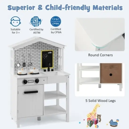 Costway Kids Farmhouse Kitchen Play Set Wooden Pretend Toy with Storage & Accessories image {7}