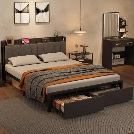 Bed Frame with Storage Headboard, Industrial Platform Bed with 2 Large Drawers and Charging Station, Black No Box Spring Needed Bed frame image {5}
