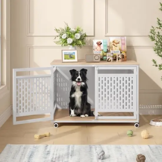 Dog Crate for Medium & Large Breed, End Table Dog Kennel, Chew-Resistant, White image {6}