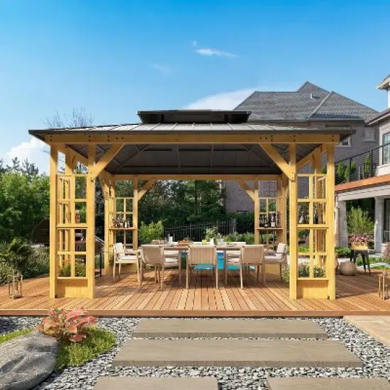 EROMMY 11' x 13' Wood Gazebo: Elegant Outdoor Hardtop Pavilion with Solid Wooden Frame and Double Roof Canopy for Patio, Backyard, and Garden Deck image {1}
