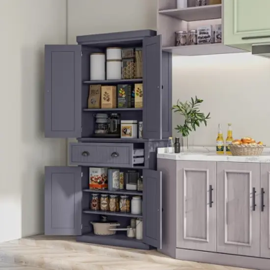 Gulches Traditional 72"H Kitchen Pantry Cabinet - Freestanding, 4 Doors, 1 Drawer, 3 Adjustable Shelves, Navy Blue, 30"W x16"D image {1}