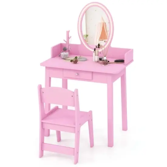 Costway Kids Vanity Set with Lighted Mirror Chair 2-Color LED Lighting for Girls Makeup White/Pink image {10}
