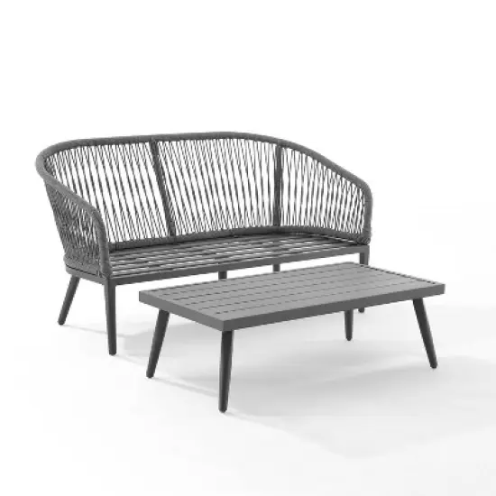 Dover 2pc Outdoor Rope Conversation Set with Loveseat & Coffee Table - Charcoal/Matte Black - Crosley image {7}