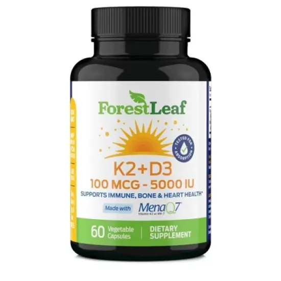 Forest Leaf K2 + D3 100 MCG - 5000 IU Formula, Supports Immune System, Bone & Heart Health - 60 Caps image {10}