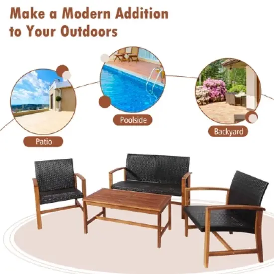 Tangkula 4PCS Patio Conversation Set Outdoor Furniture Set w/ Acacia Wood Frame image {5}