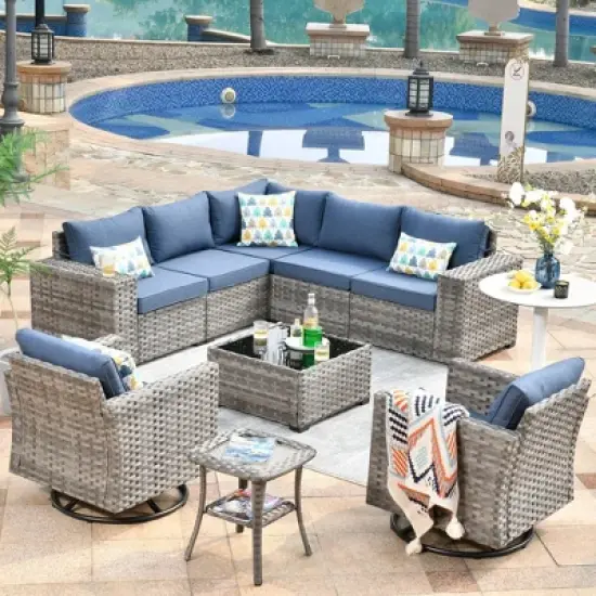 Marlton 9pc Wicker Outdoor Patio Furniture Set Conversation Sofa Sectional with Swivel Chairs and Cushions image {16}