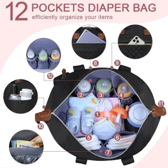 Itopfox Large Waterproof Diaper Bag Tote with Pacifier Case, Shoulder Straps & Stroller Clips for Moms and Dads, Black image {5}