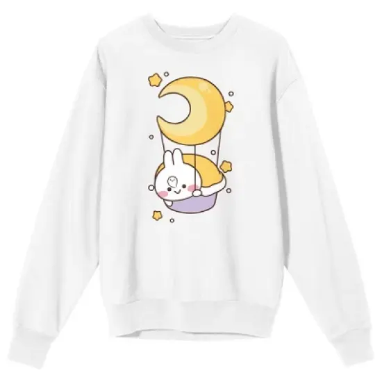 Mimi & Neko Mimi on Hot Air Balloon with Moon Men's White Crew Neck Graphic Sweatshirt image {3}