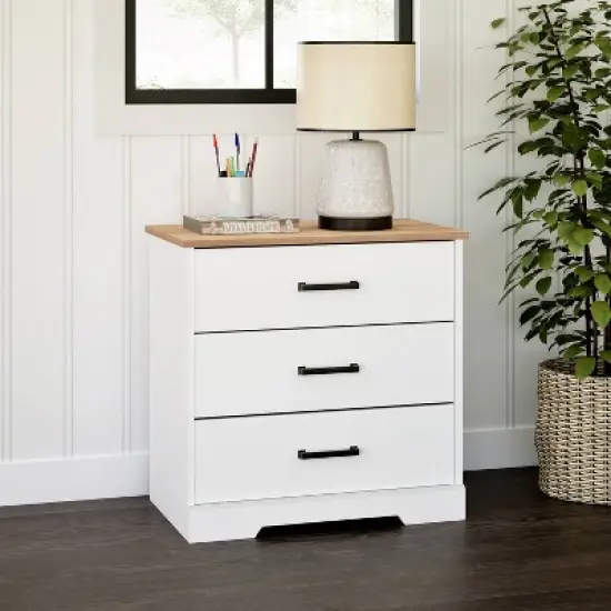 Prepac Rustic Ridge Farmhouse 3 Drawer Nightstand White/Oak image {3}