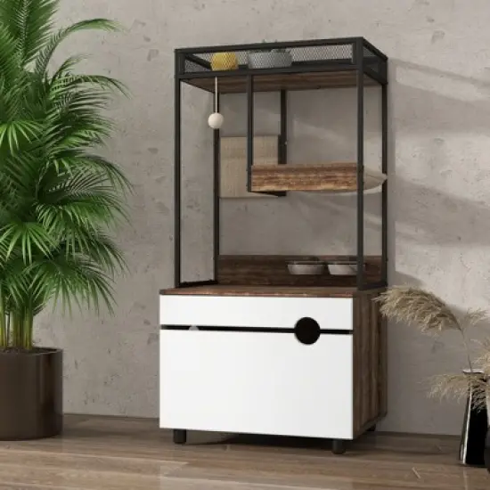 Corner Cat Tower, Cat Tree with Scratching Post, Cat Condo with Feeding Station image {6}