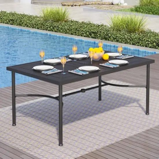 Captiva Designs 8pc Patio Geometric Pattern Rectangle Dining Table & Rattan Swivel Chairs & Beige Umbrella image {1}