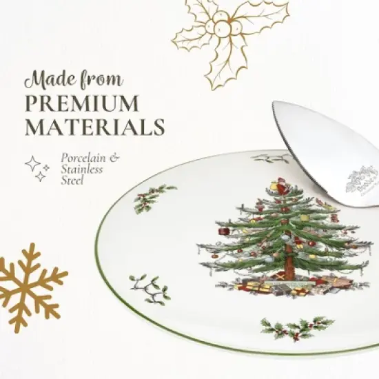 Portmeirion Spode Christmas Tree Cake Plate & Server Set - 11.5 Inch Fine Porcelain Cake Plate with Stainless Steel Server for Holiday Parties image {3}