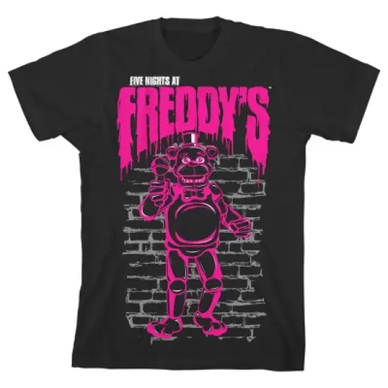 Five Nights at Freddy's Neon Pink Freddy Against the Wall Boy's Black T-shirt image {3}