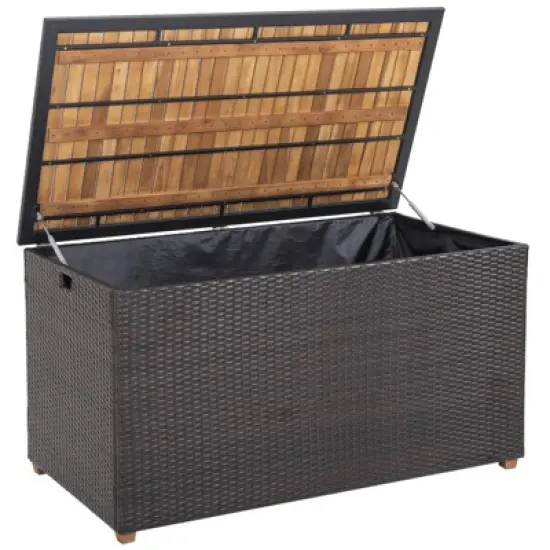 WELLFOR 134gal Patio Storage Bench PE Rattan Storage Box with Solid Wood Top image {8}
