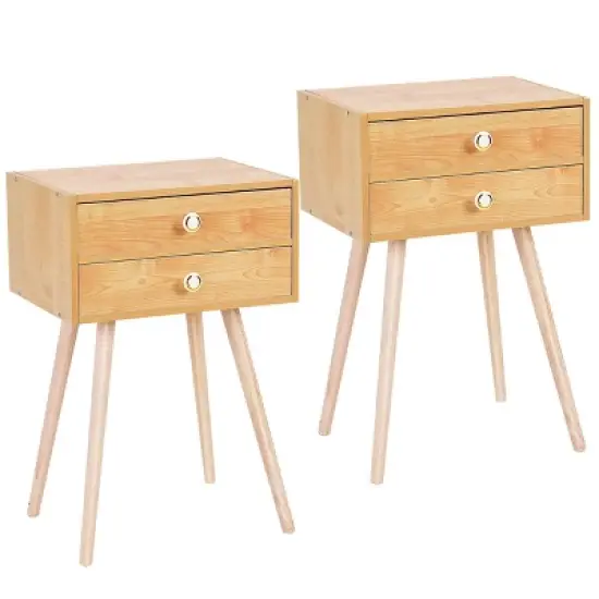 Costway Mid Century Modern 2 Drawers Nightstand In Natural Sofa Side Table End Table image {8}