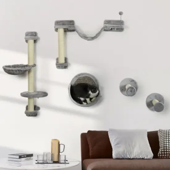 SKYONE Cat Wall Furniture Set: Hammock, Perches, Ladder, Scratching Post - Plush Multi-Level image {1}