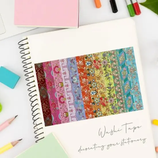 Wrapables Elegant Gold Foil Washi Tape Box Set for Arts & Crafts, Scrapbooking, Stationery, Diary (12 Rolls), Playful Florets image {4}