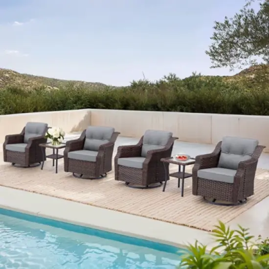 Buenhomino 6-Piece Outdoor Wicker Swivel Rocker Chair Set with 4 Chairs & 2 Tables, All-Weather PE Rattan Glider Chairs with Cushions for Patio image {1}