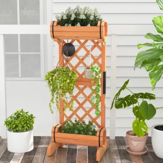 Tangkula 2-Tier Raised Planter Garden Wooden Bed w/ 2 Cylindrical Planter Boxes image {1}