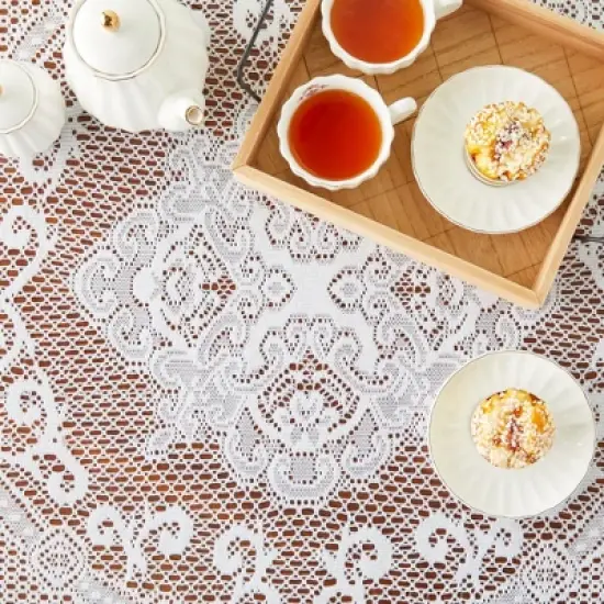 Juvale Round White Lace Vintage Tablecloth, Floral Pattern for Wedding Reception, Christmas Party (59 In) image {2}