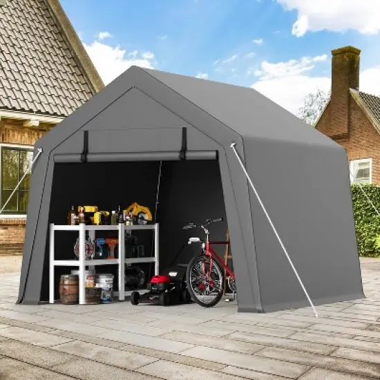 Portable Carport Storage Shed with Roll-up Zipper Door, Heavy Duty Waterproof Tarp, Storage for Motorcycle, Bike, Garden Tools, Gray image {5}
