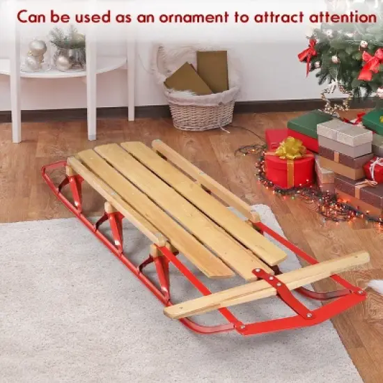 Costway 54''Kids Wooden Snow Sled Runners Steering Bar Steering Snow Slider image {3}