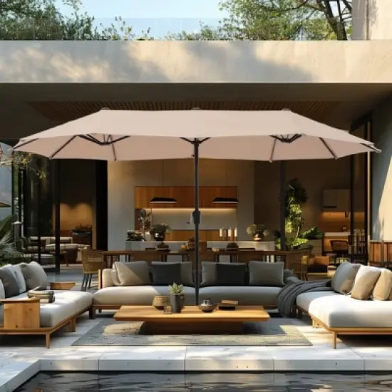 Captiva Designs 8pc Patio Dining Set with Rectangular Steel Table & Sling Swivel Chairs & Market Umbrella image {11}