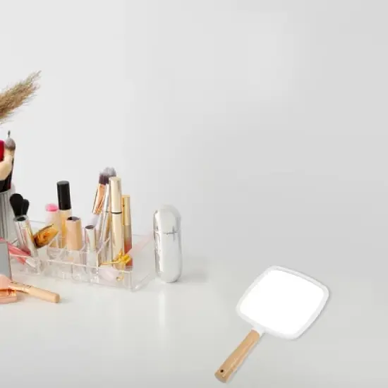 Unique Bargains Square Portable Handheld Wood Handle Vanity Cosmetic Makeup Mirror 1 Pc image {1}