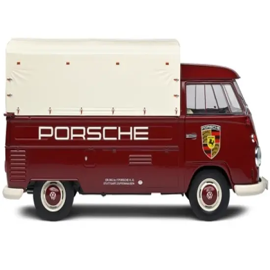 1950 Volkswagen T1 Pickup Truck with Camper Shell Dark Red "Porsche Service" 1/18 Diecast Model Car by Solido image {2}